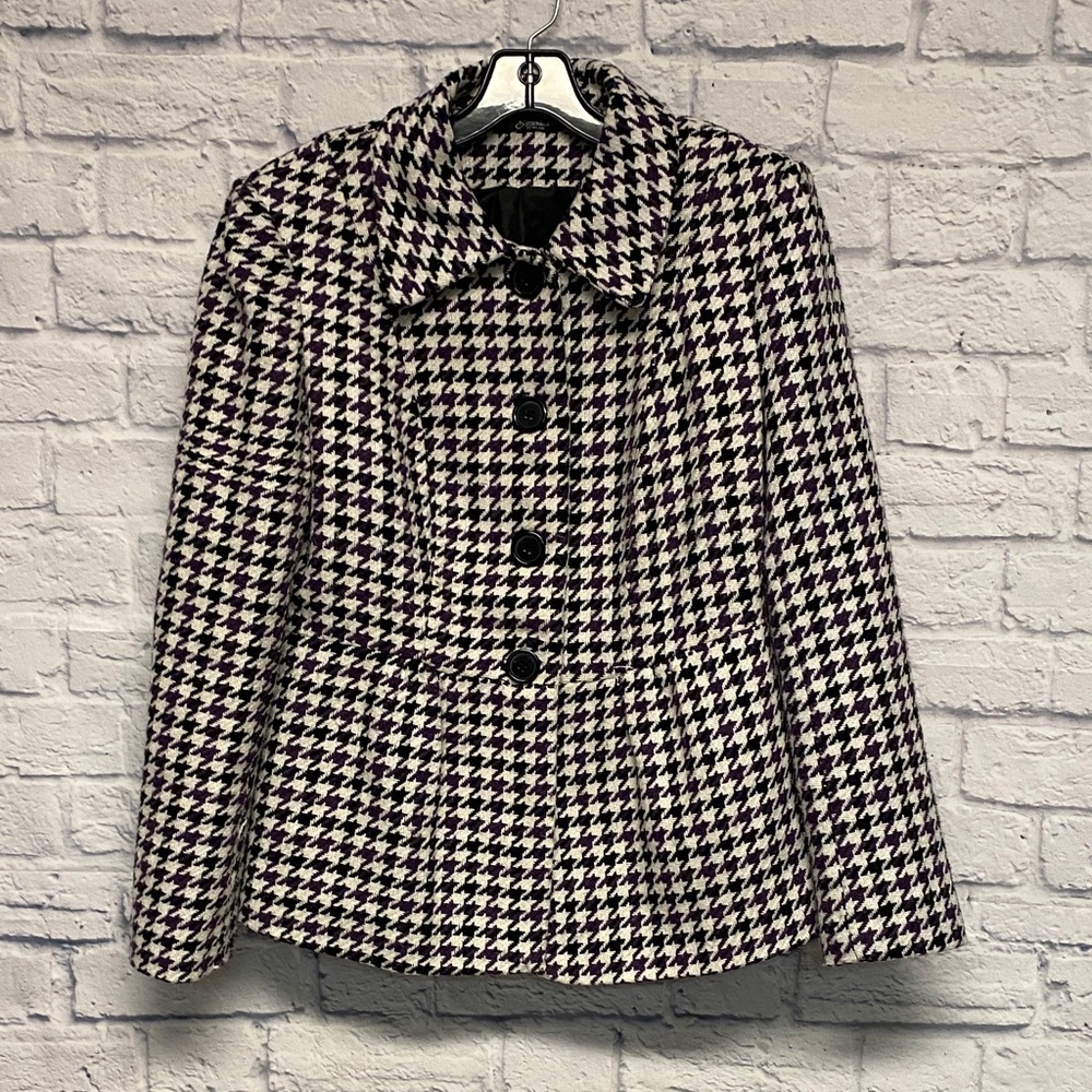 Essentials by Milano Purple Black & White Houndstooth Button Jacket Size Large